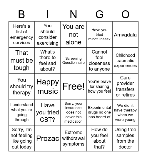 Mental Health and Therapy Bingo Card