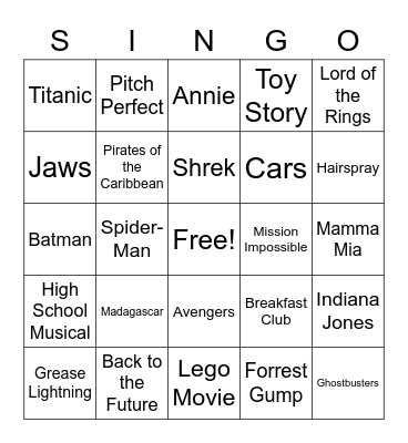 Movie Singo Bingo Card