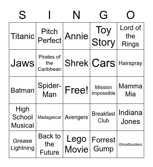 Movie Singo Bingo Card