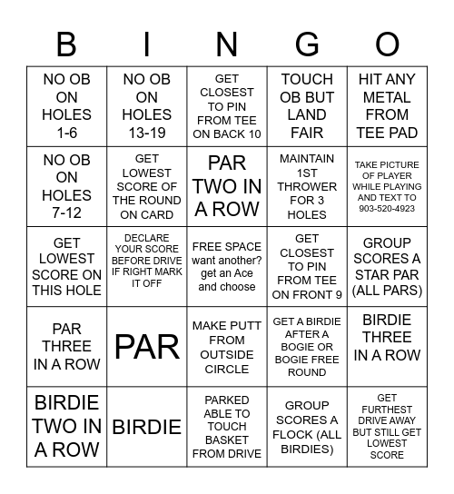 DISC GOLF X-GAMES Bingo Card