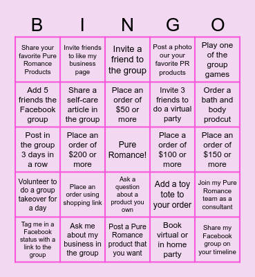 Pure Romance Bingo Card