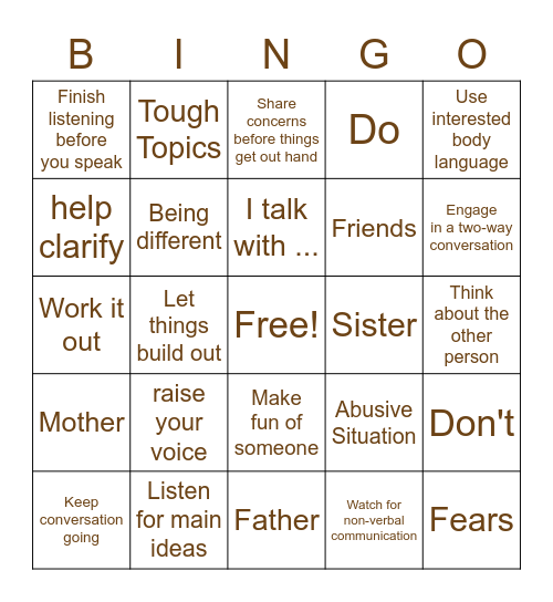 Communication Skill Bingo Card