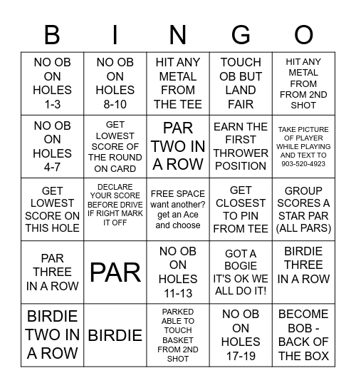 DISC GOLF X-GAMES  REC/NOV Bingo Card