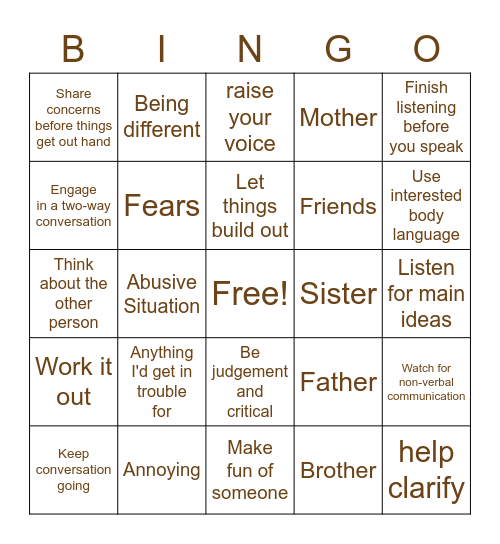 Communication Skill Bingo Card