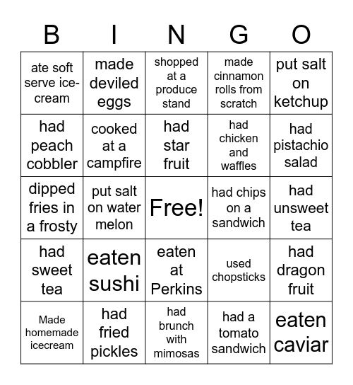 Summer Food Bingo Card