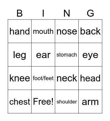 body parts Bingo Card