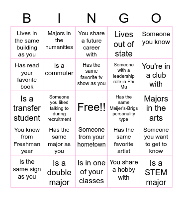 Bid Day Bingo- Find Someone Who... Bingo Card
