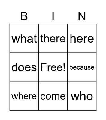 Heart Word Bingo Card