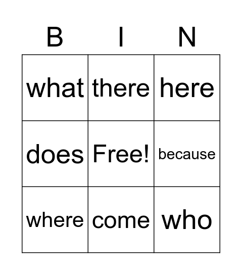 Heart Word Bingo Card