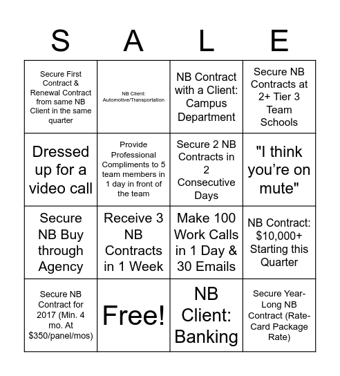 Sales Team Bingo Card