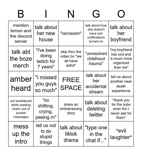 Boze Stream Predictions Bingo Card