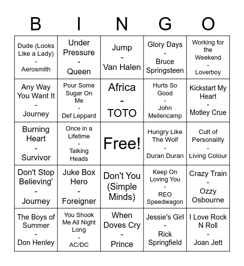 80's Rock Anthems Bingo Card