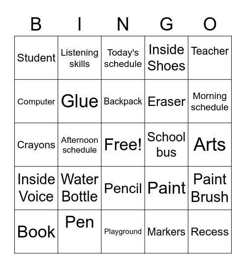 Back to School 1 Bingo Card