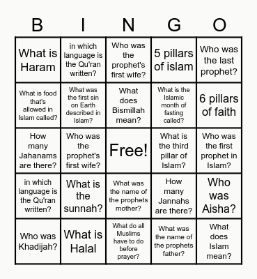 Islamic Bingo Card