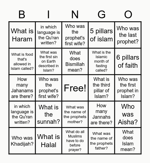 Islamic Bingo Card