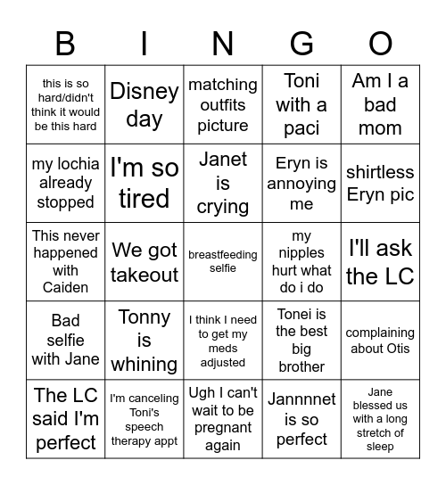 PostPartum Round 1 Bingo Card