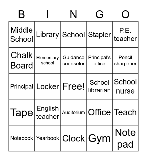 Back to School 4 Bingo Card