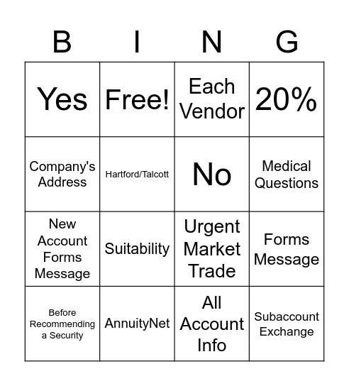BOA Allowable Bingo! Bingo Card
