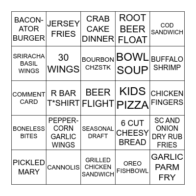 R BAR SERVER BINGO Card