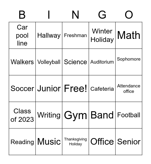 Back to School 5 Bingo Card