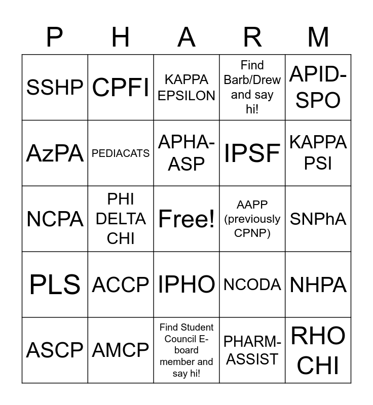 Student Showcase Organizations BINGO Card