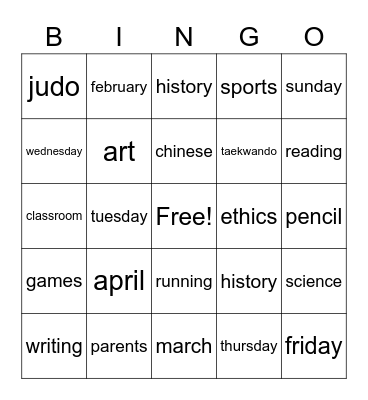 week, month, school subjects Bingo Card