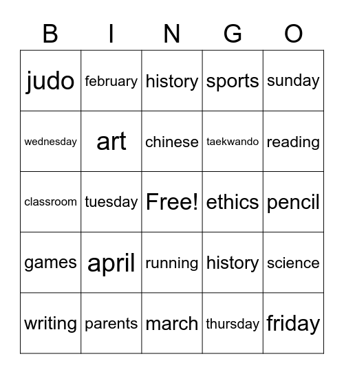 week, month, school subjects Bingo Card