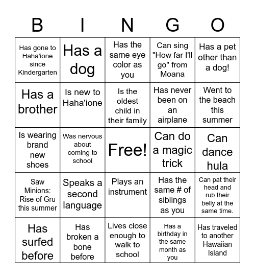 Back to School BINGO Card