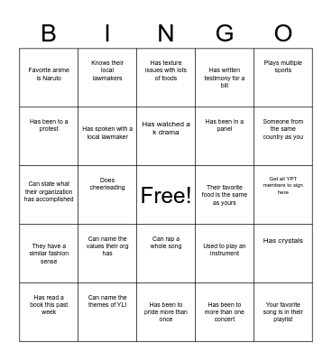 YLI BINGO Card