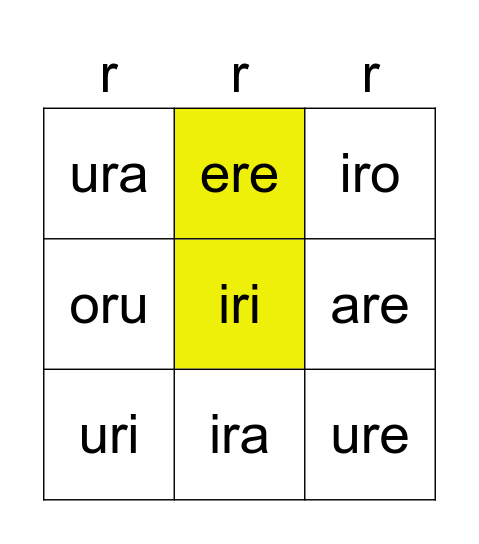 Lectura r suave (bingo entre dos vocales) Bingo Card