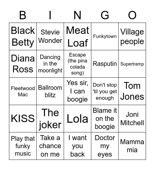 70s Music Bingo Card