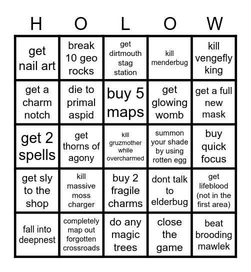 Hollow Knight Bingo Card