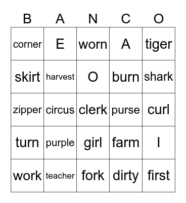 R - controlled vowel (bossy R) BINGO Card
