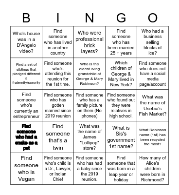 Robinson Family Trivia Bingo Card