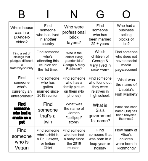 Robinson Family Trivia Bingo Card