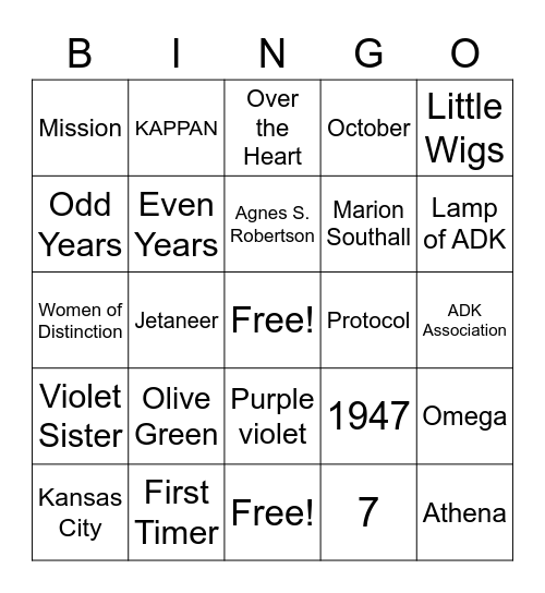 Alpha Delta Kappa Bingo Card