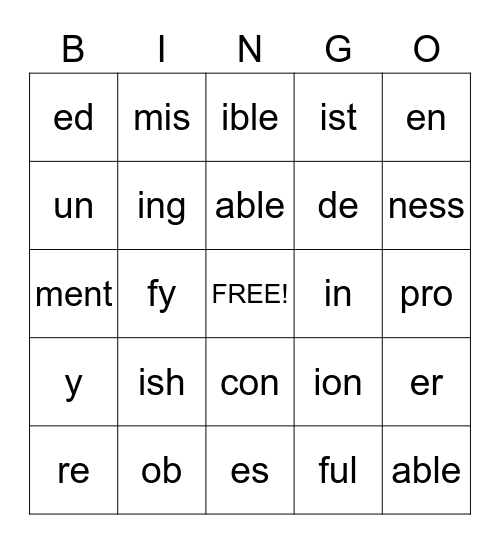 Morphology Bingo Card