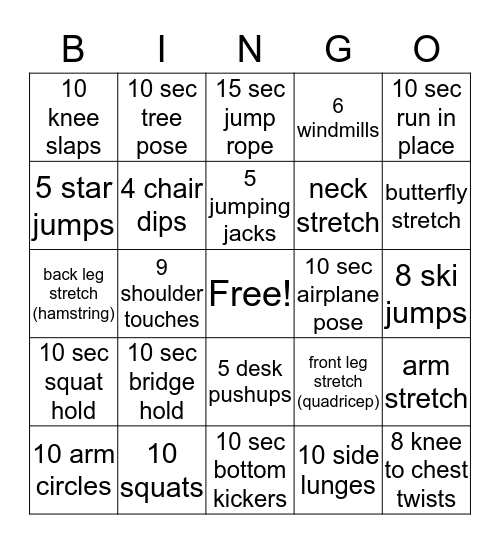 Fitness Bingo Card