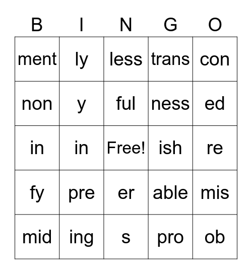 Morphology Bingo Card