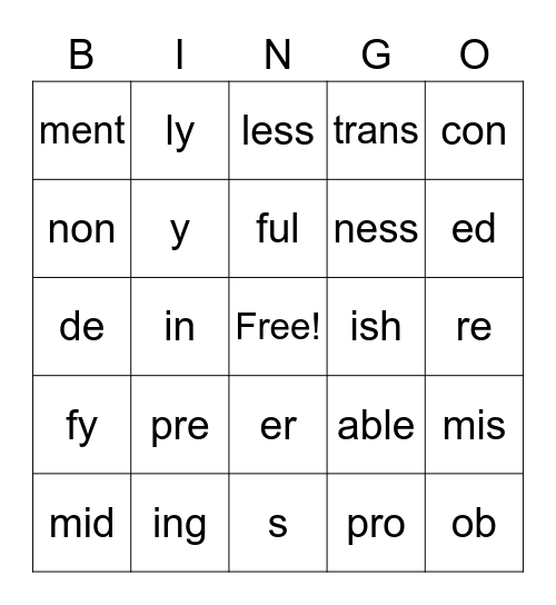 Morphology Bingo Card