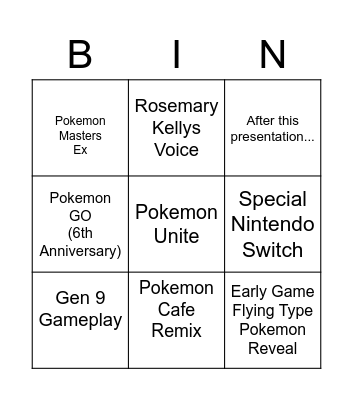 Pokemon Presents Bingo Card