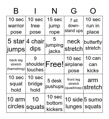 Fitness Bingo Card