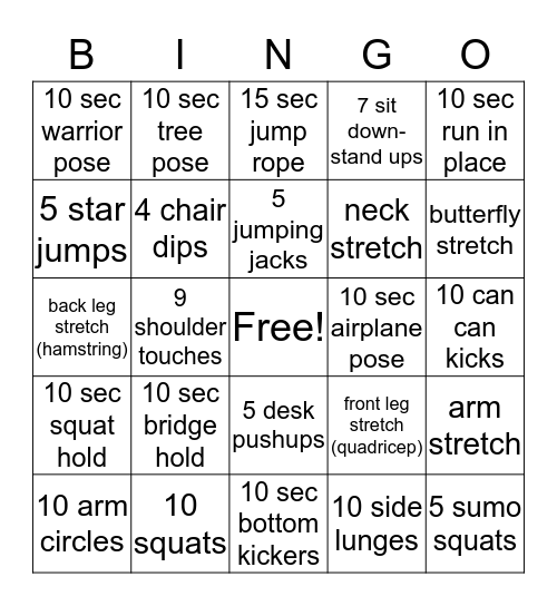 Fitness Bingo Card