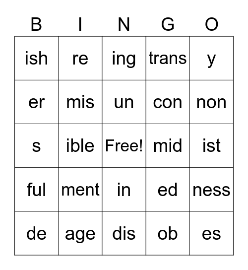 Morphology Bingo Card
