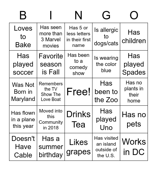 Know Your Neighbor Bingo Card