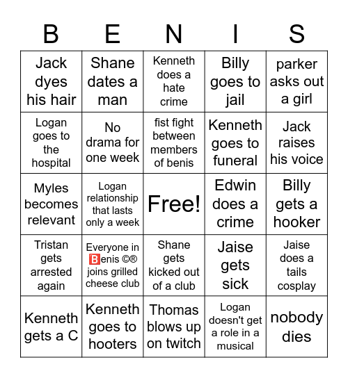 Freshman Year Benis Bingo Card