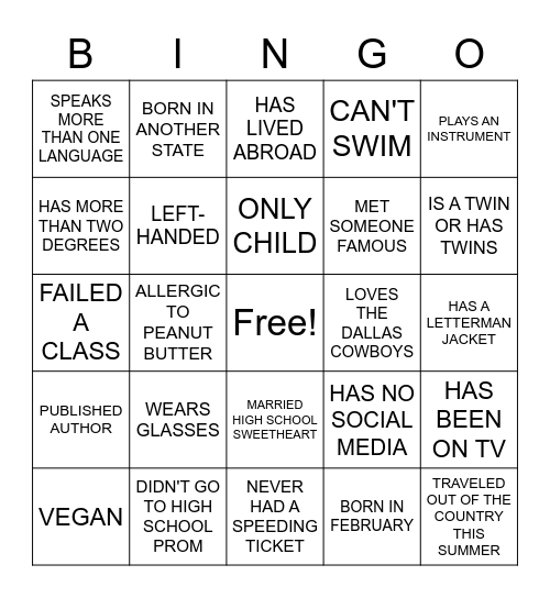 GET TO KNOW YOU BINGO Card