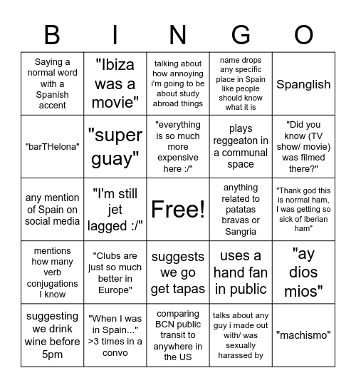 "OMG just got back from studying abroad in Barcelona" BINGO Card