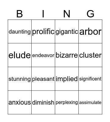 Vocabulary Bingo Card