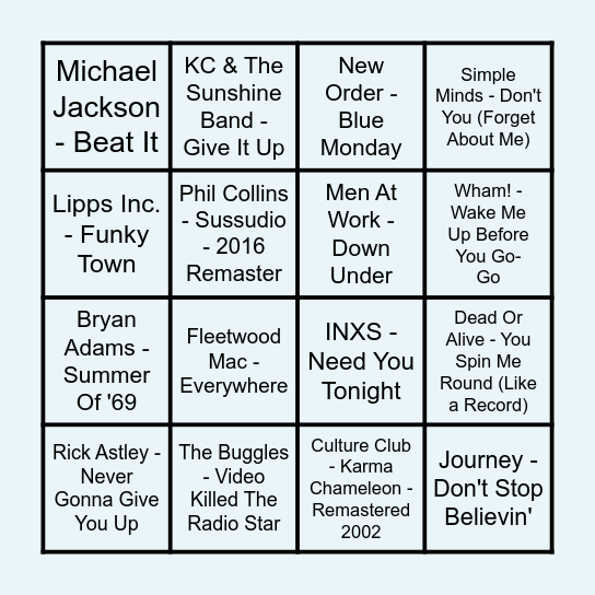 Prince Music Bingo - Round 1 - 80's Bingo Card